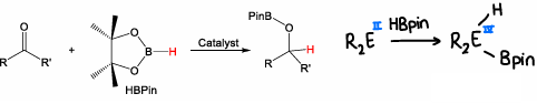 <p>The selective and efficient conversion of carbonyl compounds to alcohols by addition of the boron compound to the double bond.</p><ul><li><p>Can also occur across main group polar bonds.</p></li></ul><p></p>