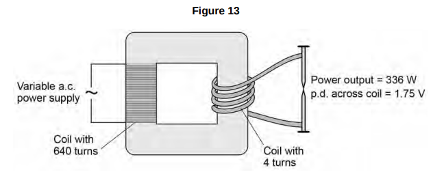 <p>A spot-welder is a device that uses a transformer to produce a large current to join box sheets of metal together. </p><p>Figure 13 shows a transformer demonstrating how a large current can heat and join two nails together.</p><p><strong><mark data-color="yellow" style="background-color: yellow; color: inherit;">Calculate</mark> the current from the power supply needed to provide a power output of 336 W. [5 marks]</strong></p><p>Use the data in Figure 13. </p><p>The transformer is 100% efficient.</p>
