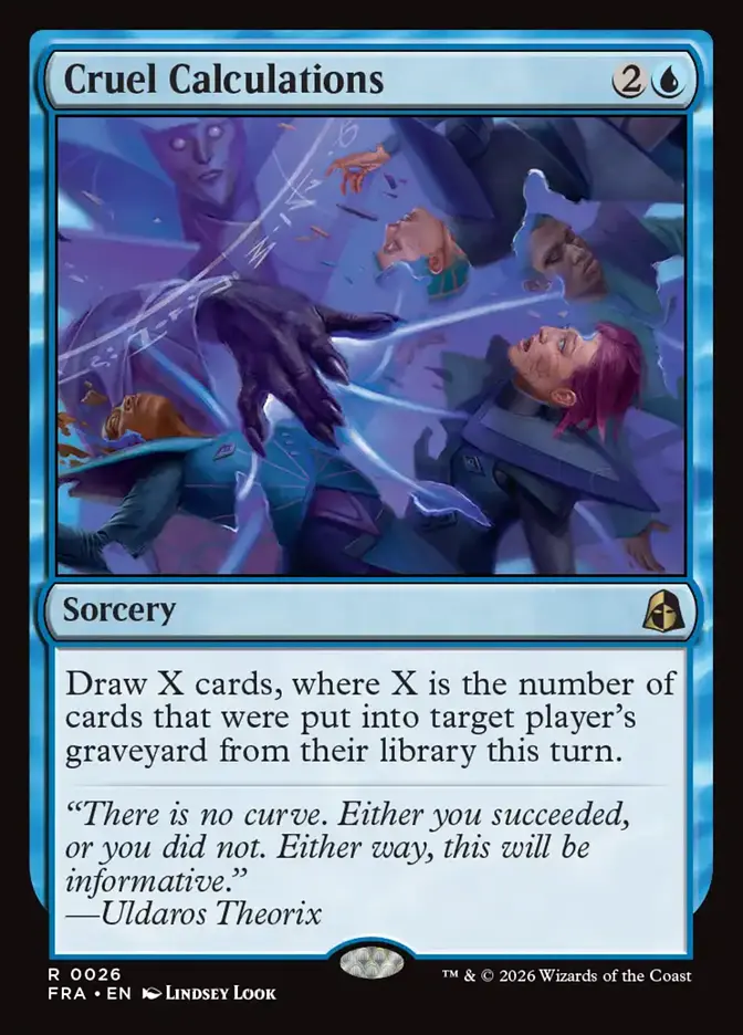 <p><span>Draw X cards, where X is the number of cards that were put into target player’s graveyard from their library this turn.</span></p>