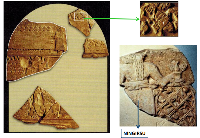 <p>NINGIRSU</p><ul><li><p>Uno de los fragmentos da nombre a la piedra grabada, ya que muestra buitres. También muestra a Ningirsu, rey de Lagash, actuando en perfecta coordinación con su representante, el rey.</p></li></ul><p></p>