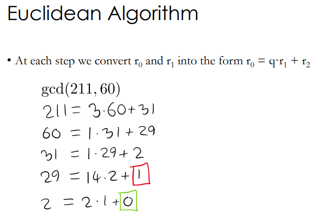 <p>It computes gcd(r₀, r₁) by repeatedly applying rᵢ = rᵢ₋₂ mod rᵢ₋₁ until the remainder is 0.</p><p>The last non-zero remainder is the GCD</p>