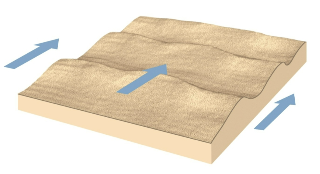 <ul><li><p>long ridges</p></li><li><p>perpendicular to the wind direction </p></li><li><p>sand seas</p></li><li><p>200 m high; 3 km wide</p></li></ul><p></p>