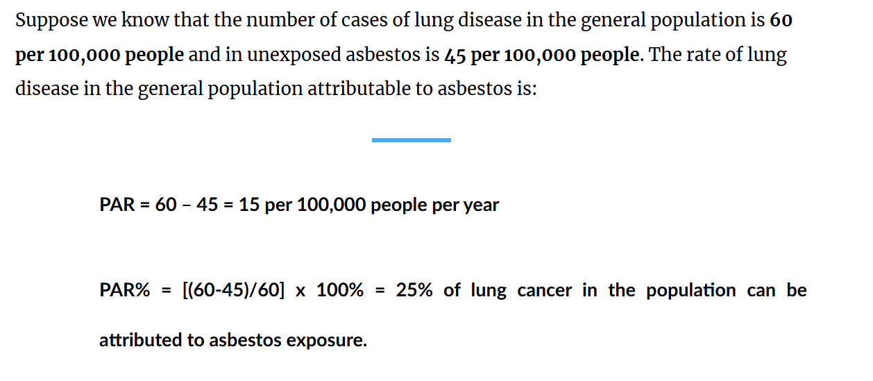 <ul><li><p><span>To calculate the PAR, we subtract the rate of the disease in the unexposed group from the rate of disease in the general population</span></p></li><li><p><span>This tells us the number of cases of disease that would be eliminated from the general population if the exposure were eliminated</span></p></li></ul><p></p>