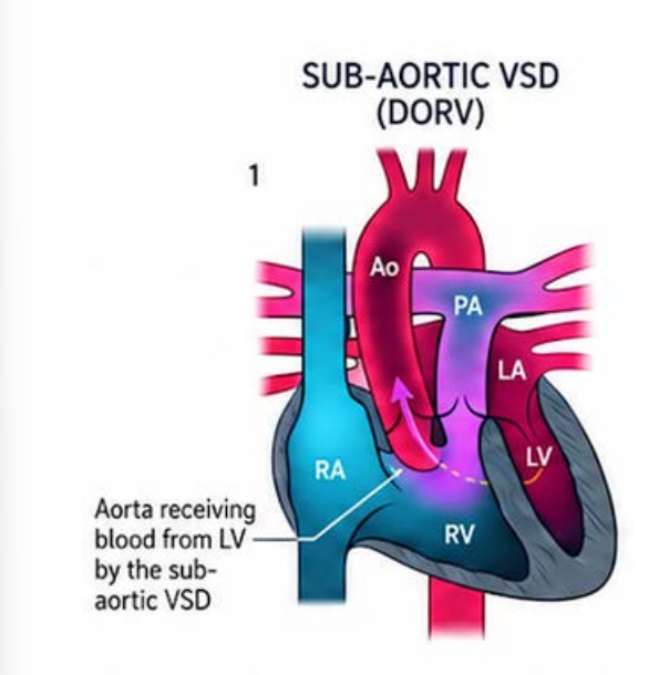 <ul><li><p>LV blood travels through the <strong>VSD to the aorta</strong>.</p></li><li><p>RV blood travels mainly to the <strong>pulmonary artery</strong>.</p></li><li><p>Left to Right shunt, this is a good b/c oxygented blood is going to the Aorta </p></li></ul><p></p>