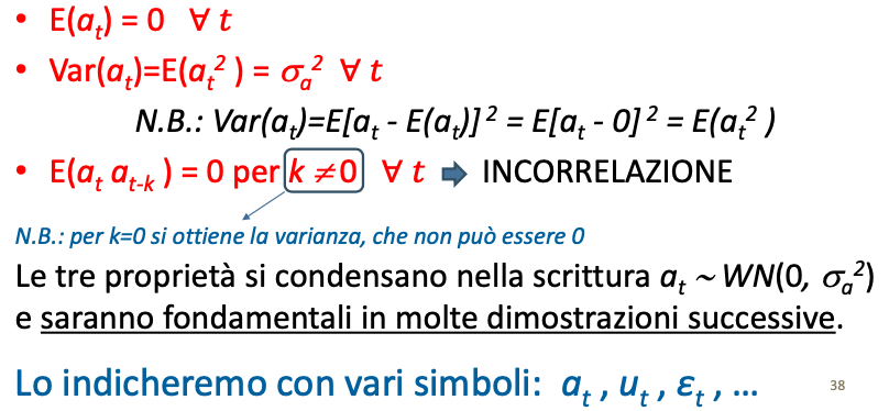 <p><span>È il più semplice p.s. stazionario.</span></p><p><span>È definito come sequenza di variabili casuali incorrelate a media nulla e varianza costante</span></p>