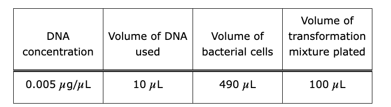 <p><span>The table shows the conditions used to transform bacterial cells.</span></p><p><span>What is the transformation efficiency if the number of colony-forming units (CFU) is 4?</span></p><p><strong>A. </strong>4000 CFU/<span>µ</span>g DNA</p><p><strong>B. 4</strong>00 CFU/<span>µ</span>g DNA</p><p><strong>C. </strong>40 CFU/<span>µ</span>g DNA</p><p><strong>D. </strong>4 CFU/<span>µ</span>g DNA</p>