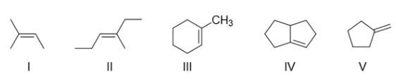 <p>which of the alkenes shown below would produce a chiral center upon Markovnikov hydrohalogenation?</p>