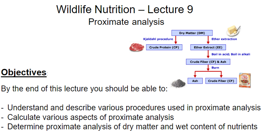 <p>Understanding Procedures</p><p>- Understand and describe procedures used in proximate analysis</p><p>Calculations</p><ul><li><p>Calculate different aspects of proximate analysis</p></li><li><p>Determine nutrient content on a dry matter (DM) basis and wet/as-fed basis</p></li></ul><p></p>
