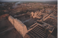 <p>Form:</p><p>-cut sandstone and mud brick</p><p>-hypostyle hall</p><p>-symmetrical plan, axial plan</p><p>-open ceilings</p><p>-colossal columns with sunken relief</p><p>Content:</p><p>-134 sandstone columns</p><p>-inscriptions/images of kings and gods on walls and columns</p><p>-gates (suggesting old world to new world)</p><p>Function:</p><p>-used for festivities and prayer</p><p>-only priests and pharoahs allowed</p><p>Context:</p><p>-Karnak, near Luxor </p><p>-New Kingdom 1250 BCE</p><p>-East side of the Nile</p>