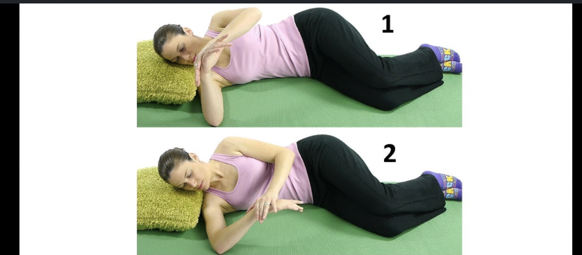 <p>s/l with bottom arm positioned in 90/90 position, top hand pushes the bottom</p><p>arm down into shoulder IR; pt will feel the stretch in the back of their shoulder </p>