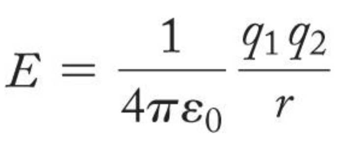 <p>gives the potential energy between 2 charged particles (q1 and q2)</p>