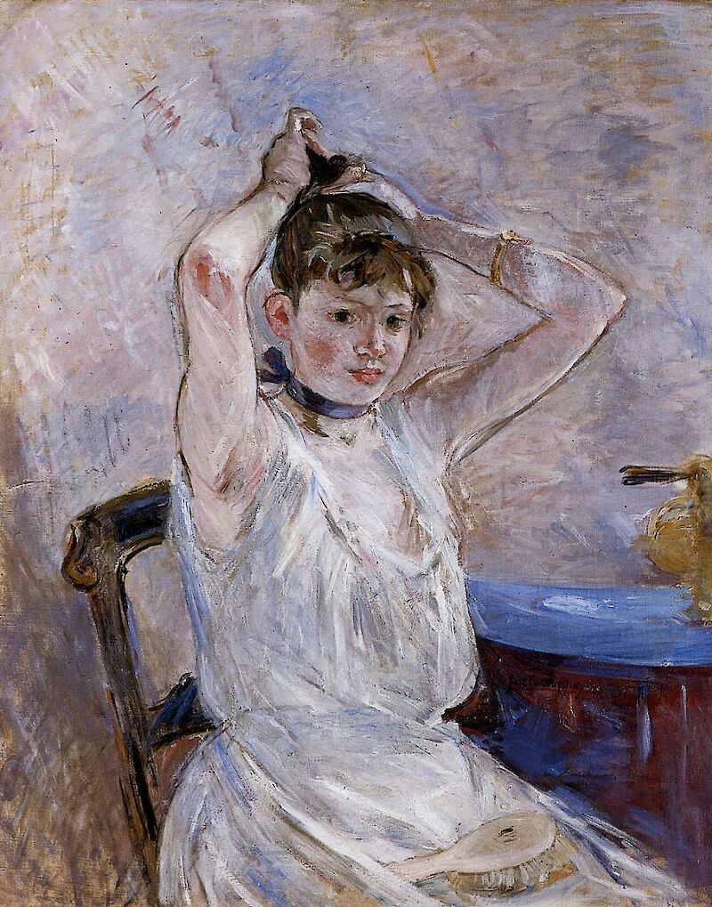 <p>Berthe Morisot, The Bath: A Girl Arranging Her Hair (ca. 1885-1886)</p><p>oil on canvas</p>