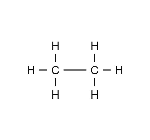 <p>Ethane - C<sub>2</sub>H<sub>6 </sub>(See photo)</p><p>Another example is Octane -C<sub>8</sub>H<sub>18</sub></p>