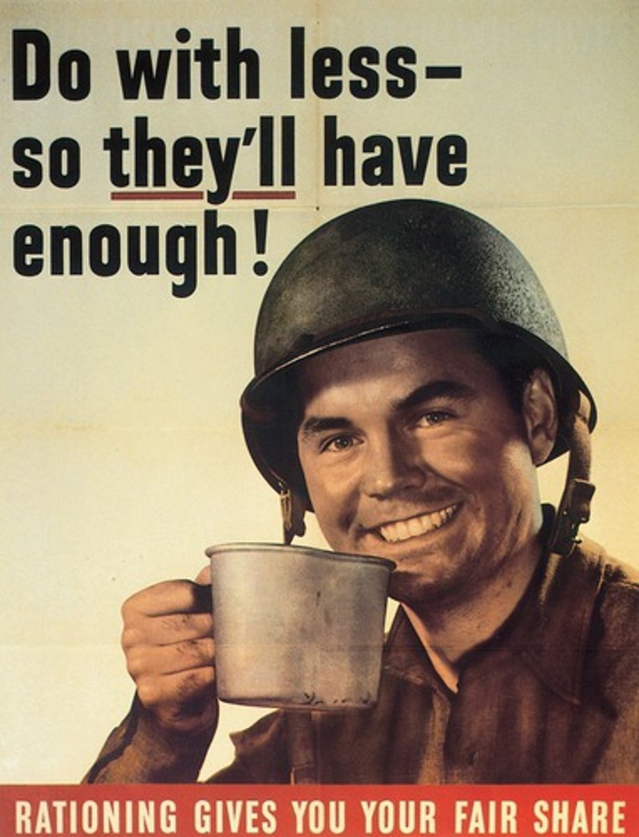 <p>A limited portion or allowance of food or goods; limitation of use; under this system, each household received a "c book" with coupons to be used when buying scarce items such as meat, sugar, and coffee; a similar system was used to help save gasoline for military use</p>