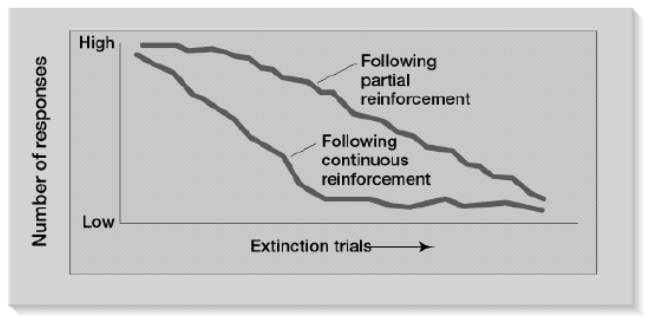 <ul><li><p><span>Extinction of an operantly conditioned behaviour occurs when reinforcement is withheld.</span></p></li><li><p><span>Not immediate - sometimes there is a brief increase in responding referred to as an <strong><em>extinction burst </em></strong>followed by decrease in trained behaviour.</span></p></li><li><p><span>The figure shows that responses that have been reinforced on a partial schedule will be slower to extinguish than those reinforced continuously</span></p></li></ul><p></p>