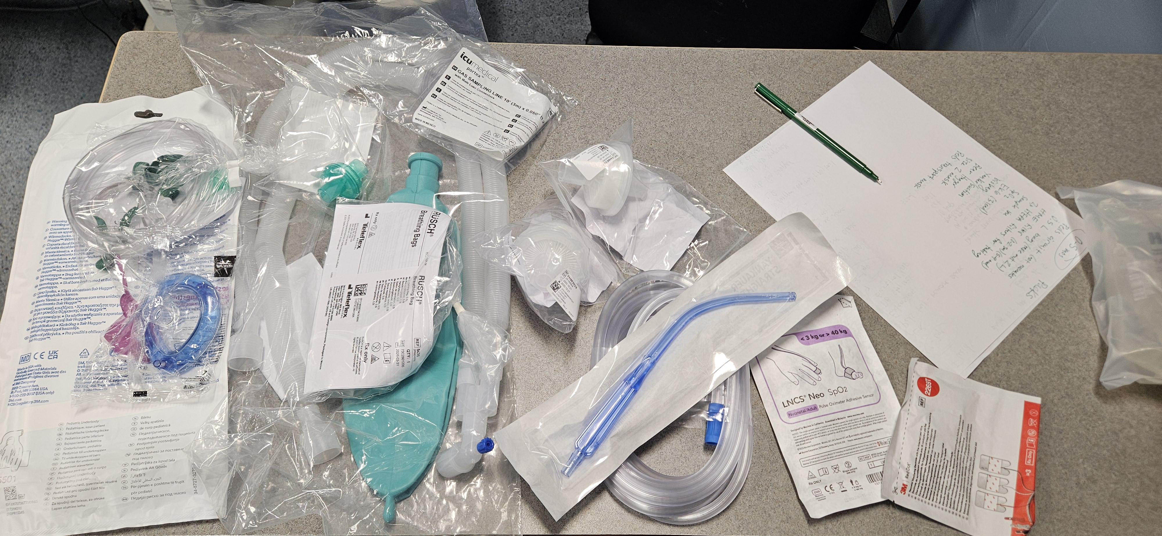 <p><strong>Build Kit From Scratch:</strong></p><p>Peds circuit (not neonates)</p><p>0.5 L Reservoir Bag</p><p>HME filter (b/w elbow &amp; tubing)</p><p>2x HEPA filters </p><p>CO2 Sample line</p><p>SpO2 (purple one)</p><p>3-Lead EKG Pads</p><p>Biobag</p><p>Yankauer/Suction Tubing</p><p>Peds Bear Hugger</p><p>Size 2 Mask</p><p>Peds Transport Mask</p>