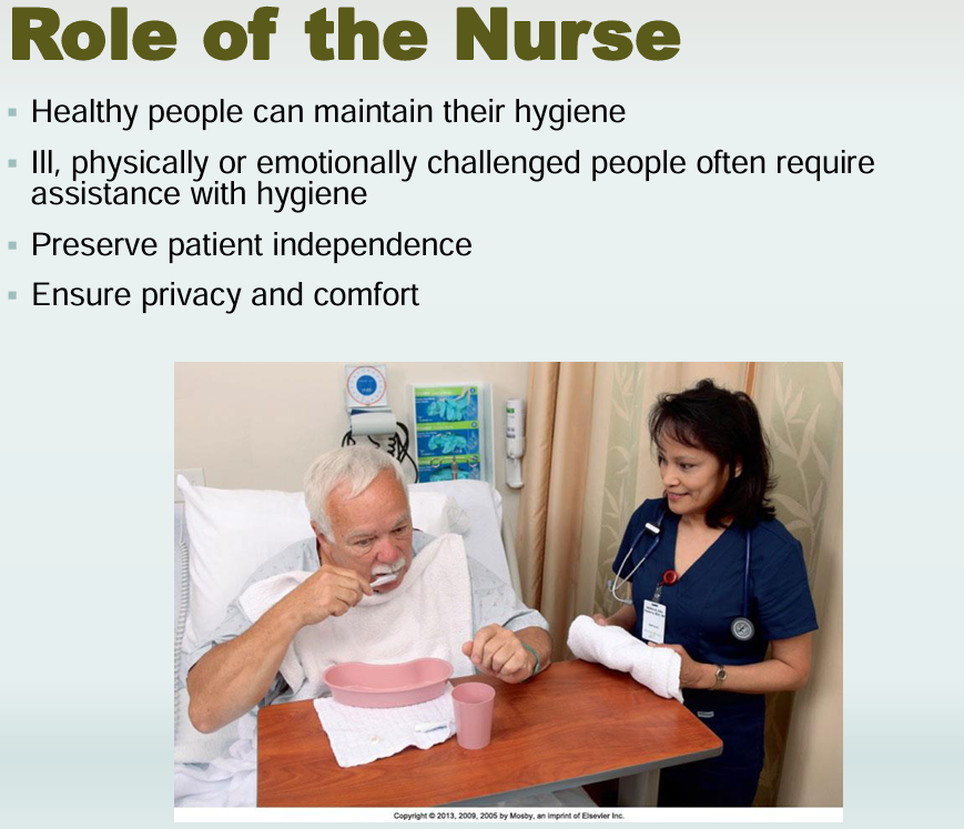 <p>Role of nurses</p><ul><li><p>Healthy people can maintain their hygiene</p></li><li><p>Ill, physically or emotionally challenged people often require assistance with hygiene</p></li><li><p>Preserve patient independence</p></li><li><p>Ensure privacy and comfort</p></li></ul><p></p>