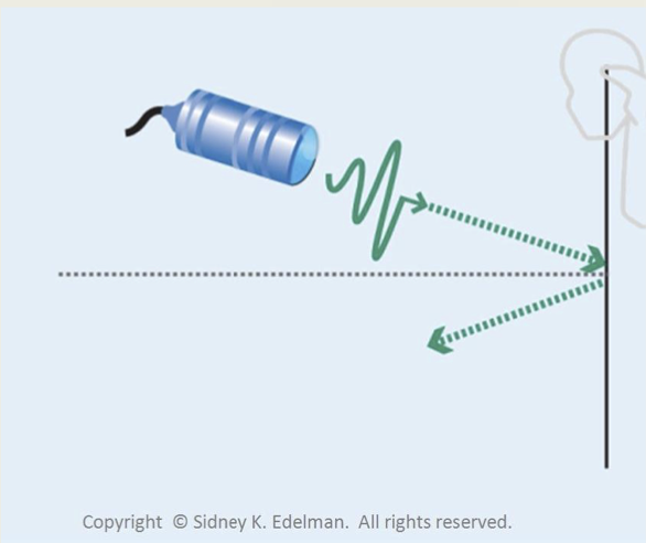 <ul><li><p>Because if the beam is perpendicular, the echo comes straight back to the source</p></li></ul><p>• If the beam is not perpendicular, the reflection will bounce off at an angle, not toward the source</p>