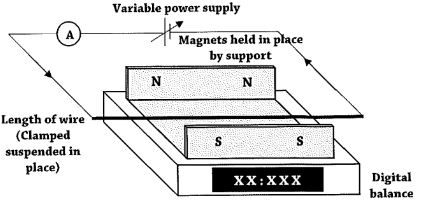 <p>The current is varied, and the change in weight of the magnets is recorded - the change in weight is due to the force of the magnetic field generated by the wire</p>