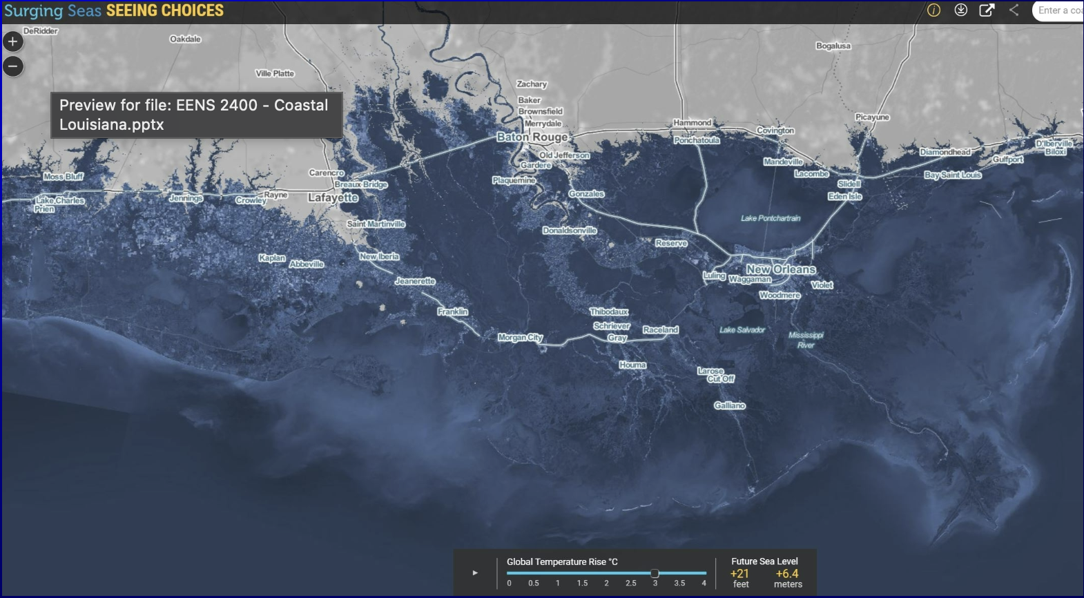 <ul><li><p>the prediction of sea level rise for 3 degrees celsius brings the coast line to baton rouge</p></li><li><p>we are the example</p></li></ul><p></p>