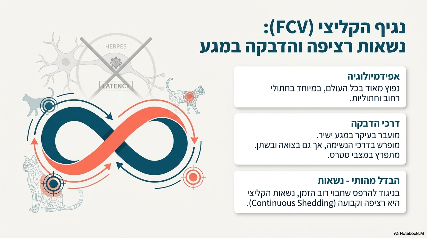 <ul><li><p><strong>תפוצה:</strong> נפוץ מאוד בעולם כולו, בעיקר בקרב אוכלוסיות של חתולי רחוב, ומתפרץ במצבי לחץ (סטרס).</p></li><li><p><strong>דרכי העברה:</strong> מועבר בעיקר באמצעות <strong>מגע ישיר</strong>. הווירוס מופרש בדרכי הנשימה, בצואה ובשתן של החתול החולה.</p></li><li><p><strong>מאפייני נשאות ייחודיים (בשונה מהרפס):</strong></p><ul><li><p>שיעור הנשאות של קליצי בחתוליות גבוה משמעותית מזה של הרפס.</p></li><li><p>הנשאות של וירוס הקליצי היא <strong>רציפה</strong> (מתמשכת ללא הפסקות)</p></li></ul></li></ul><p></p>