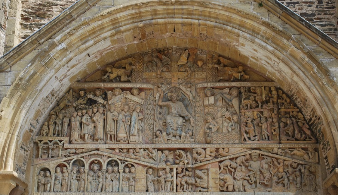 <p>Last Judgement Tympanum, Church of Sainte-Foy</p><ul><li><p>Christ, devils on one side, priets on the other</p></li><li><p>row of angels weight the souls of the dead</p></li><li><p>a “warning” about joys of heaven and torments of hell</p></li></ul><p></p>