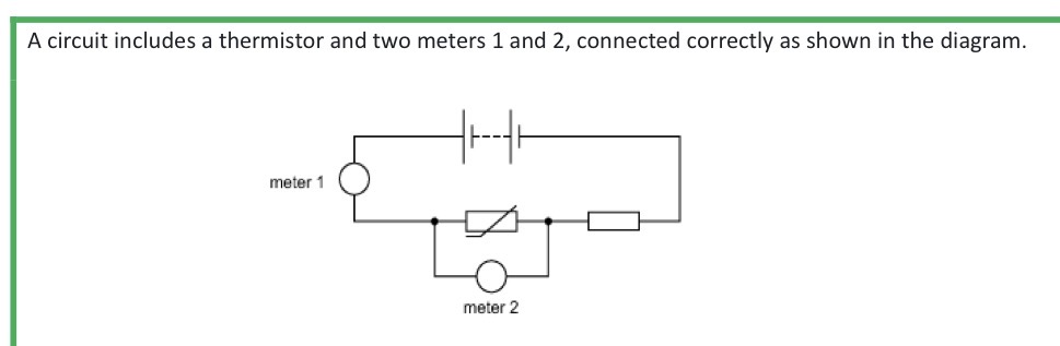 <p>The temperature of the thermistor decreases. What happens to the readings 1 and 2?</p>