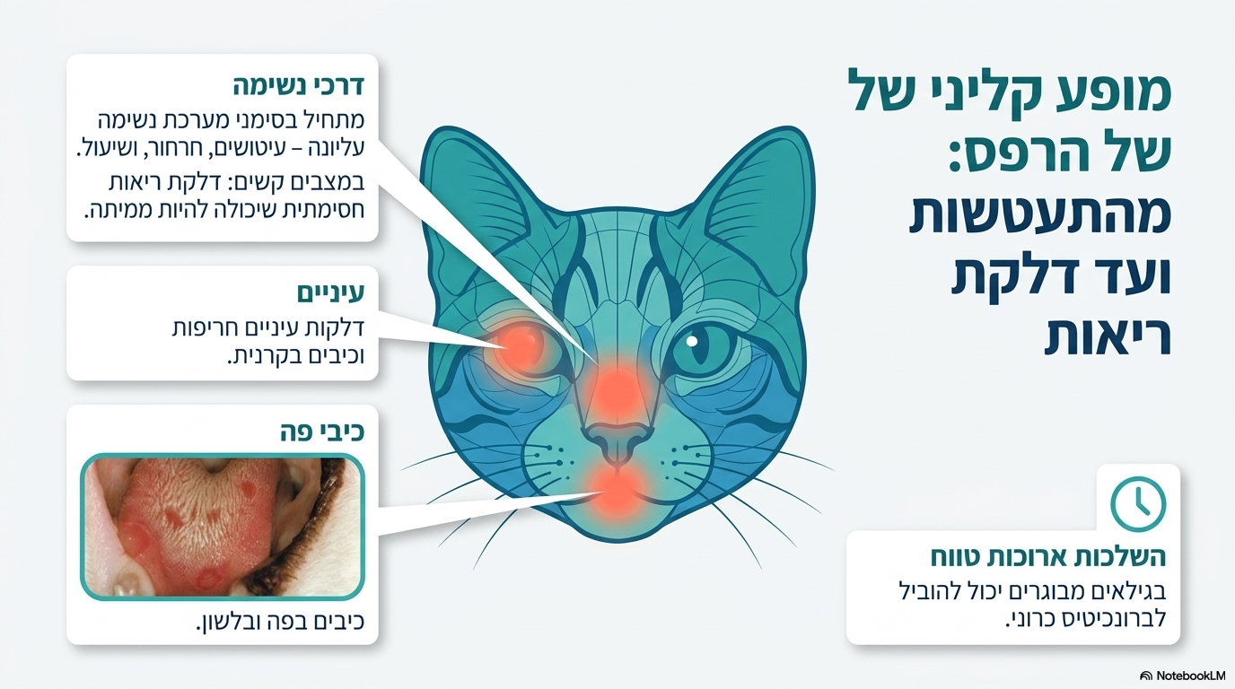 <ul><li><p><strong>נזק לעין (איבוד ראייה):</strong> בשלב הראשון העין סגורה עקב הפרשות <em>(כמוצג באיור 2)</em>. במידה ומתפתח זיהום חיידקי משני, חלה פגיעה קשה בקרנית שעלולה להוביל ל<strong>איבוד מלא של העין</strong>.</p></li><li><p><strong>נזק מבני לאף (הרס עצם):</strong> האף נסתם מהפרשות <em>(כמוצג באיור 3)</em>. בהמשך מתפתחת דלקת קשה של קירות האף המובילה ל<strong>הרס של עצמות האף</strong>.</p></li><li><p><strong>השלכה לטווח ארוך:</strong> חתולים שעברו פגיעה כזו כגורים יסבלו מ<strong>סיבוכי נשימה קשים וכרוניים גם בגיל מבוגר</strong></p></li></ul><p></p>