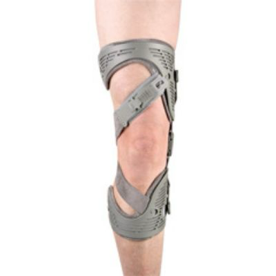 <p></p><ul><li><p>3-point counterforce brace</p></li><li><p>Helps to unload the medial compartment of the knee by pushing the knee into a "valgus moment" (thus opening up the medial side and compressing the lateral side)</p></li><li><p>Should be worn throughout the day</p></li><li><p><strong>Patient Compliance = Not Good</strong> </p><ul><li><p>Knee brace is bulky and may feel "funny" because we do not typically walk with our knee in a valgus position</p></li></ul></li></ul><p></p>