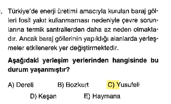 <p>Artvin’deki <strong>Yusufeli Barajı</strong> nedeniyle koca bir ilçe sular altında kalmış ve tamamen yeni bir bölgeye taşınmıştır. Bu güncel ve çok önemli bir bilgidir.</p>