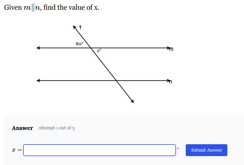 <p>Given <span style="font-family: KaTeX_Main, "Times New Roman", serif; line-height: 1.2; font-size: 1.21em;"><em>m</em>∥<em>n</em></span>, find the value of x.</p>