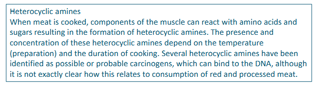 <ul><li><p>Due to heterocyclic amines that are formed when cooking or heating meat </p></li><li><p>Potent carcinogens in rodents (animal studies)</p></li><li><p>Also present in poultry</p></li></ul><p></p>