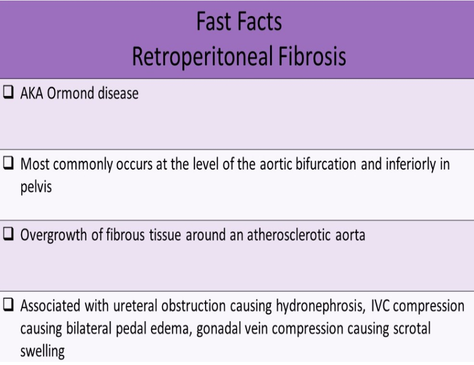 <p>B. retroperitoneal fibrosis</p><p>Retroperitoneal fibrosis typically occurs at the level of the aortic bifurcation in the pelvis area. The ureters pass through this space to reach the bladder. If both ureters are impinged, bilateral hydronephrosis will occur, The other choices listed would only cause unilateral hydronephrosis.</p>