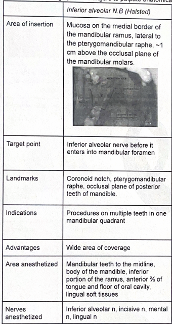 <ul><li><p>Patient = semi supine. Wide open mouth</p></li><li><p>procedure:</p></li></ul><ol><li><p>retract cheek laterally</p></li><li><p>palpate the coronoid notch with your thumb</p></li><li><p>insert needle 1CM above mandibular molar occlusal plane, the lateral pterogroid mandibular raphe</p></li><li><p>advance needle ~20-25mm until bone is contacted</p></li><li><p>withdraw 1mm, aspirate</p></li><li><p>slowly inject</p></li></ol><p></p>