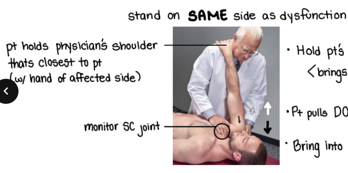 <ol><li><p>patient is supine</p></li><li><p>stand on same side of dysfunction</p></li><li><p>with one hand monitor SC joint</p></li><li><p>other hand cups scapula</p></li><li><p>ask patient to hold onto your shoulder with their SD arm</p></li><li><p>pull scapula up which moves distal clavical anterior (kind of balances the dysfunction out since SC joint is anterior)</p></li><li><p>patient pulls shoulder back</p></li><li><p>engage in barrier by pulling scapula further up</p></li><li><p>repeat 3-5 times + passive stretch</p></li></ol><p></p>