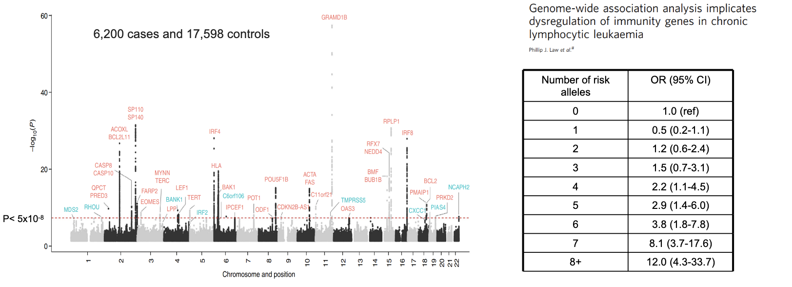 <p>chronic lymphocyte leukaemia (CLL)</p><p>>45 loci carrying common variants accounting for 25% of the heritable risk of CLL</p>