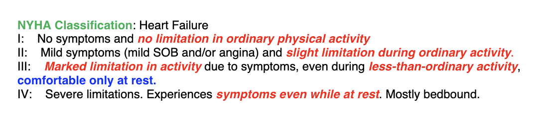 <p>What is it?</p><ul><li><p><span>The most commonly used system (to classify HF pts according to severity of sx) is the New York Heart Association (NYHA) Functional Classification. It places patients in one of four classes based on their physical activity limitations</span></p></li></ul><p></p>