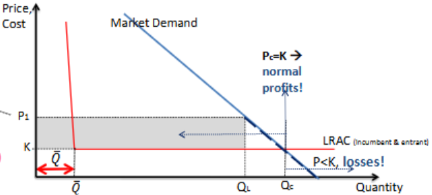 <p>> Incumbent chooses QL as it delivers abnormal profits and prevents entry:</p><ul><li><p><span style="background-color: transparent;">Entrant needs a Q(bar) or higher to avoid high cost (exploit economies of scale)</span></p><ul><li><p>If entrant produces Qe = Q(bar) then total market output would equal Qc (QL + Q(bar)) which means normal profits (NO ENTRY)</p></li><li><p>If entrants produce Qe = Q(bar) + 1 then total market output would be greater than Qc which means losses (NO ENTRY)</p></li></ul></li></ul><p></p>