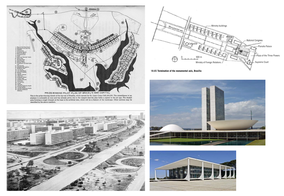<p>Decision made after WWII to create Brasilia in the Amazon, accessible by plane. Planning looks like a bird, reflects modernist optimism. Flat buildings and rooftops consistent with international style. Government located there, placement of buildings reflects judicial, executive, and legislative branches of government.</p>