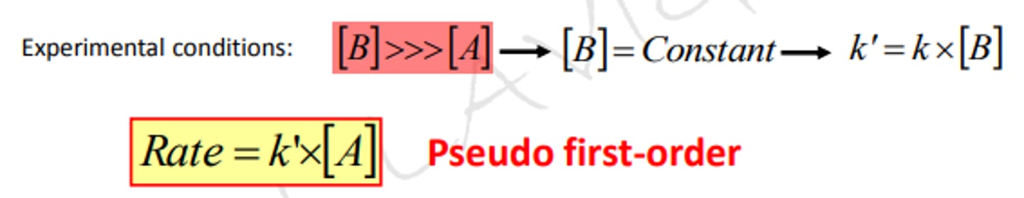 <p>A + B --> C + D</p><p>Rate = k [A]^a [B]^b</p><p>set initial [A] >> [B], [A] pretty much constant cuz in excess</p><p>Rate = k'[B]^b</p><p>k' = k[A]^a</p><p>Overall order = a + b</p><p>used in order to create a rate law with a linear equation form for rate laws involving more than one reactant -> allows you to determine reaction order of one reactant at a time</p>