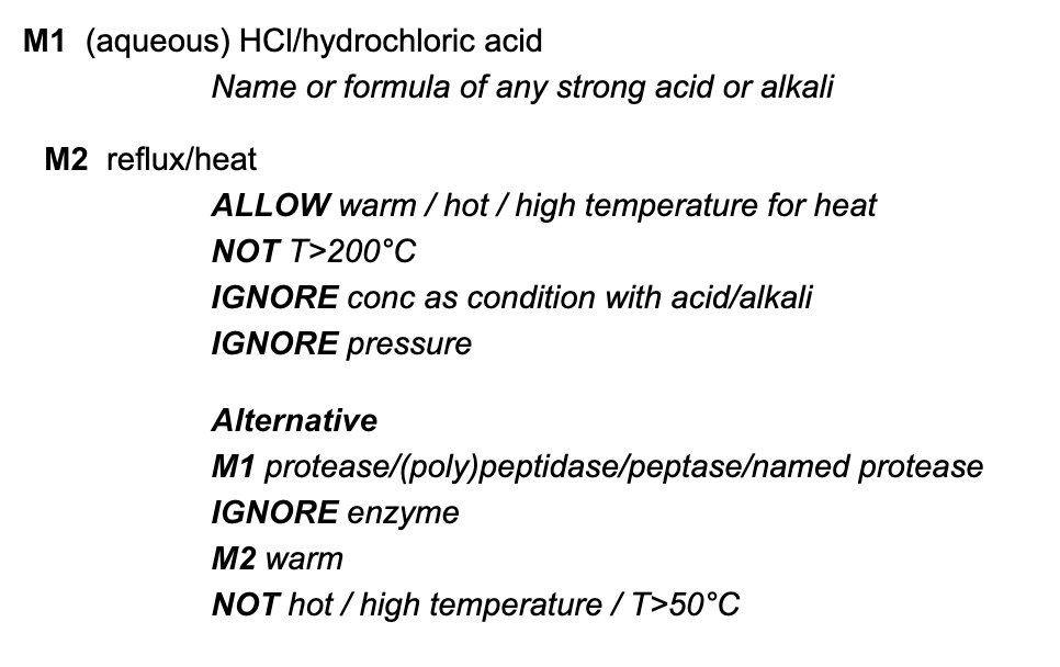 <p><u>conc</u> HCl (any strong acid/alkali) - heat</p><p>(MS for polypeptide)</p>