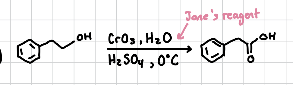 <p>Can be done with a primary alcohol. Will form the carboxyl group just before the primary acid</p><p>Reagents: CrO3, H2O, H2SO4, 0°C (Jane’s Reagent)</p>