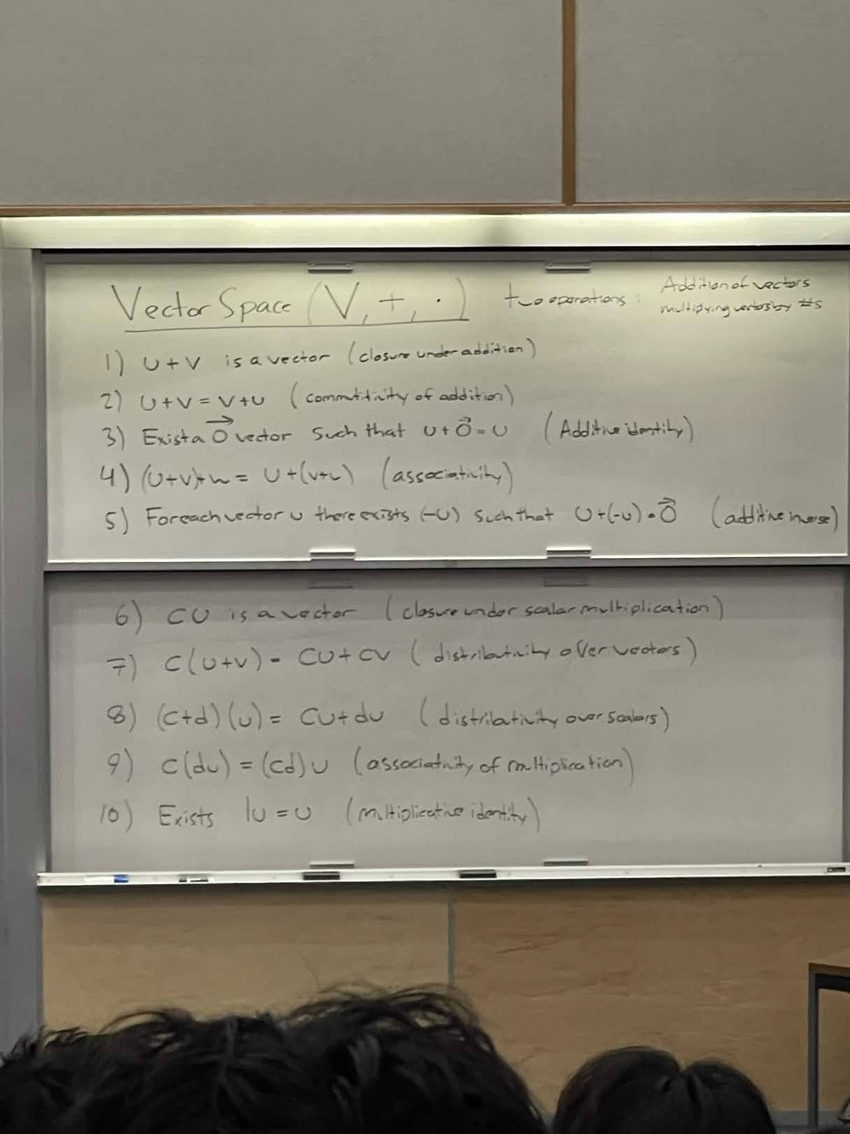 <p>Two operations, addition of vectors, multiplication of vectors by numbers</p>