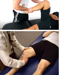 <p>General apprehension with movement</p><p>Limited ROM due to swelling</p><p>Tests:</p><p> • Anterior Drawer Test</p><p> • + Lachman (most sensitive) (how far can you pull tibia forward pushing femur down)</p><p> • + Pivot shift</p>