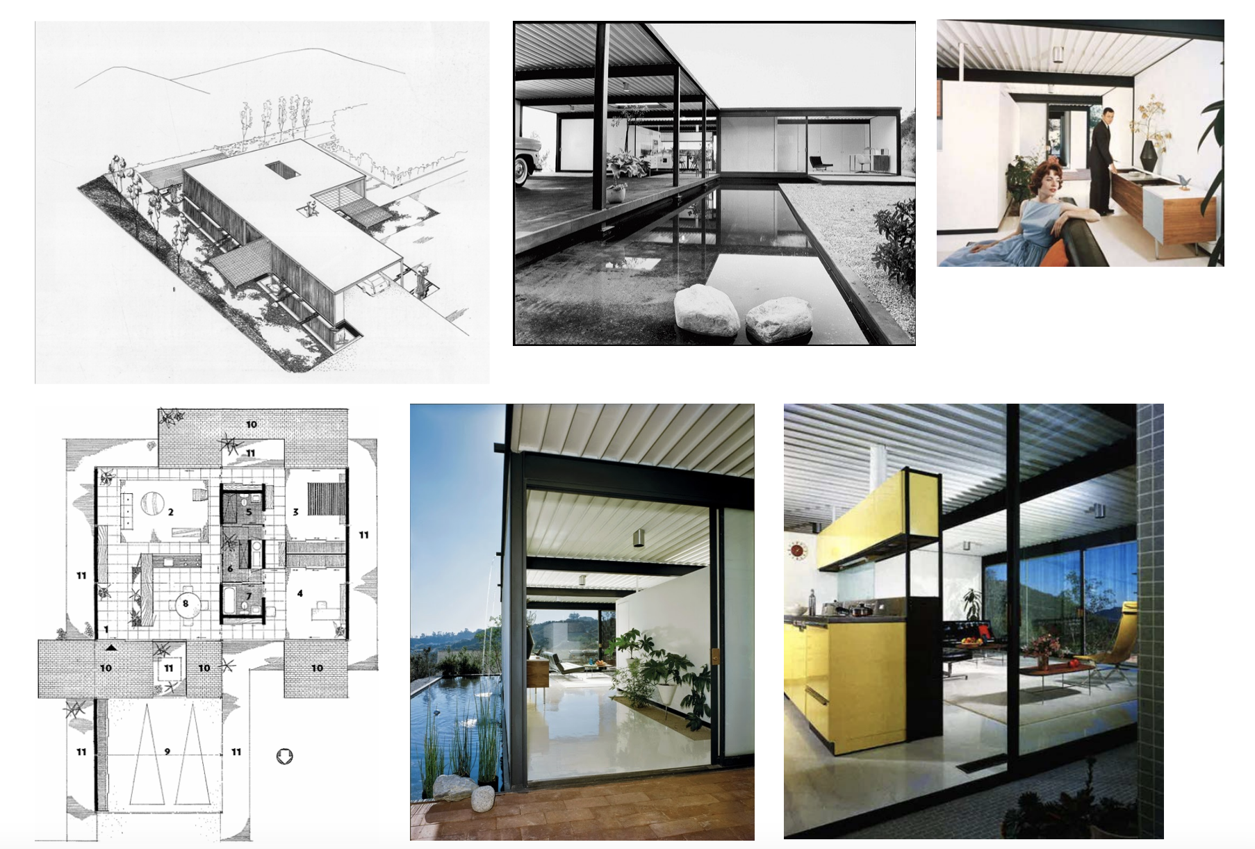 <p>Case study house 21</p><p>Cleanest, most immaculate concepts made accessible for everyone</p><p>Uses standard steel components, building modules based on standard dimensions of the steel components</p><p>Surrounded by large reflecting pool, built-in garage with corrugated steel roof, atria cutouts to allow for light to flow into the center of the building</p><p>Transparency is main idea, car-centric architecture with car port right outside of the dining room</p><p>One material for roof, minimum house with maximum space</p>