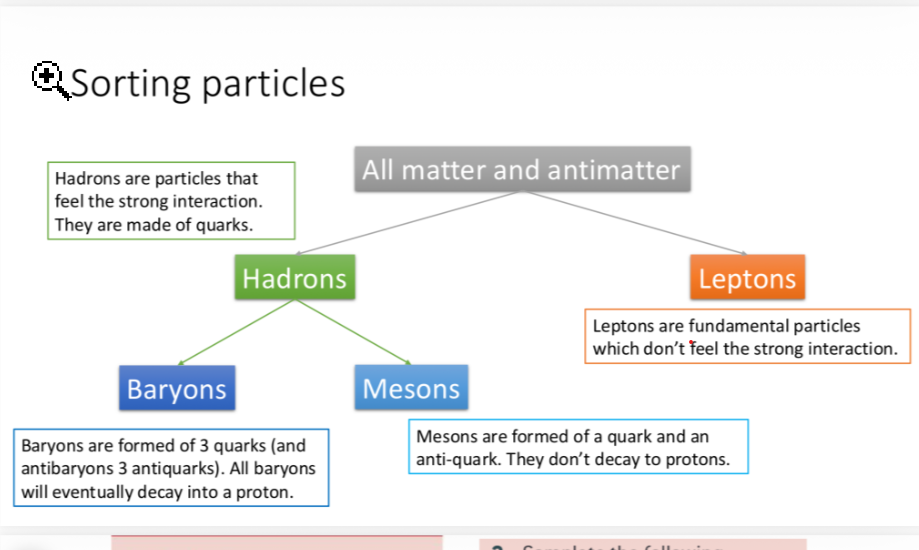 <p><strong>Classification</strong></p><ul><li><p>All baryons decay into protons</p></li><li><p>Fundamental interactions are mediated by exchange particles. _____ mediate the strong nuclear force.</p></li><li><p>Kaons always decay into ______; ______ into electrons</p></li><li><p>______ are quark anti-quark pairs</p></li></ul><p></p>