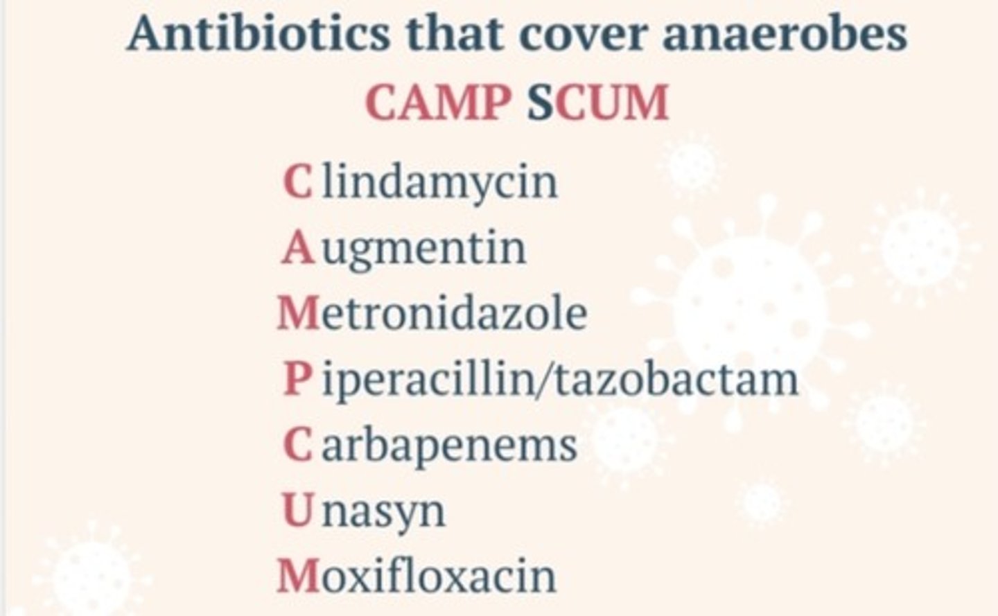 <p>CAMP CUM</p><p>Clindamycin</p><p>Augmentin</p><p>Metronidazole</p><p>Pip/tazo</p><p>Carbapenems</p><p>Unasyn</p><p>Moxifloxacin, Delafloxacin</p>