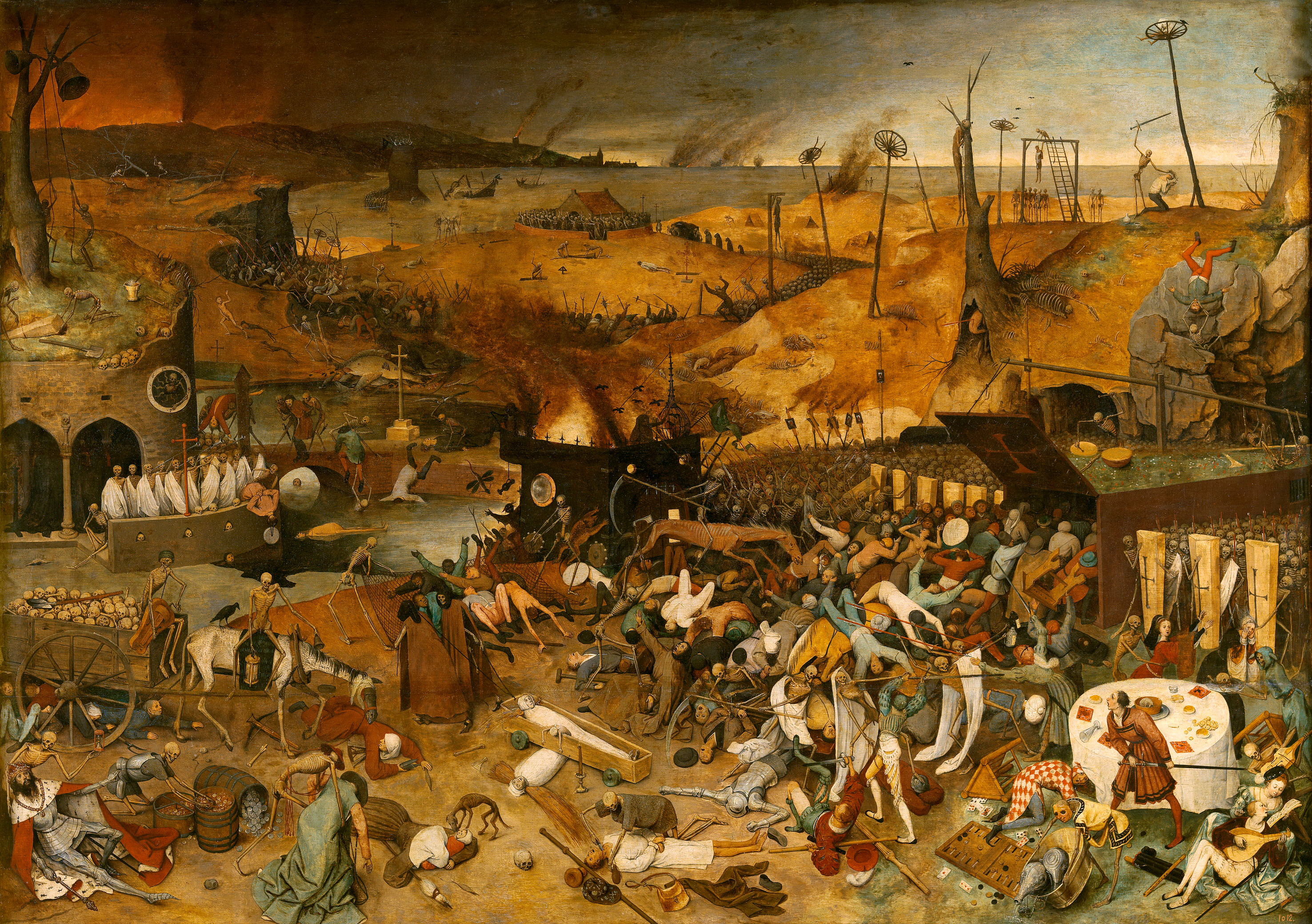 <p>Depicts universal death affecting all classes equally; tone is bleak and fatalistic with no clear salvation.<br>Feature famine of the four hosemen</p>