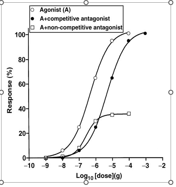 <ul><li><p>shift the curve to the right</p><ul><li><p>no change in maximum response</p></li></ul></li></ul><p></p>