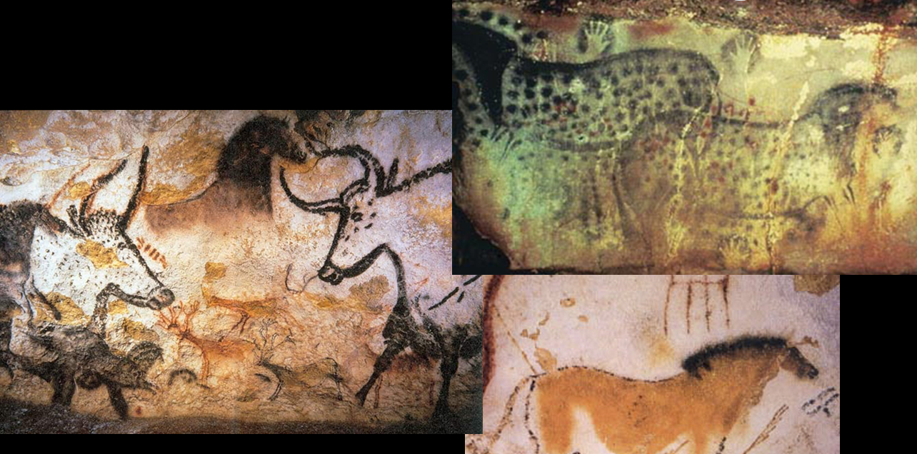 <p><span style="background-color: yellow;">Hall of Bulls, Lascaux, ca. 15,000-18,000 B.C.E., Dordogne, France</span></p><p>Details from the Lascaux caves,</p><p style="text-align: left;">ca. 15,000-18,000 B.C.E., Dordogne, France</p>